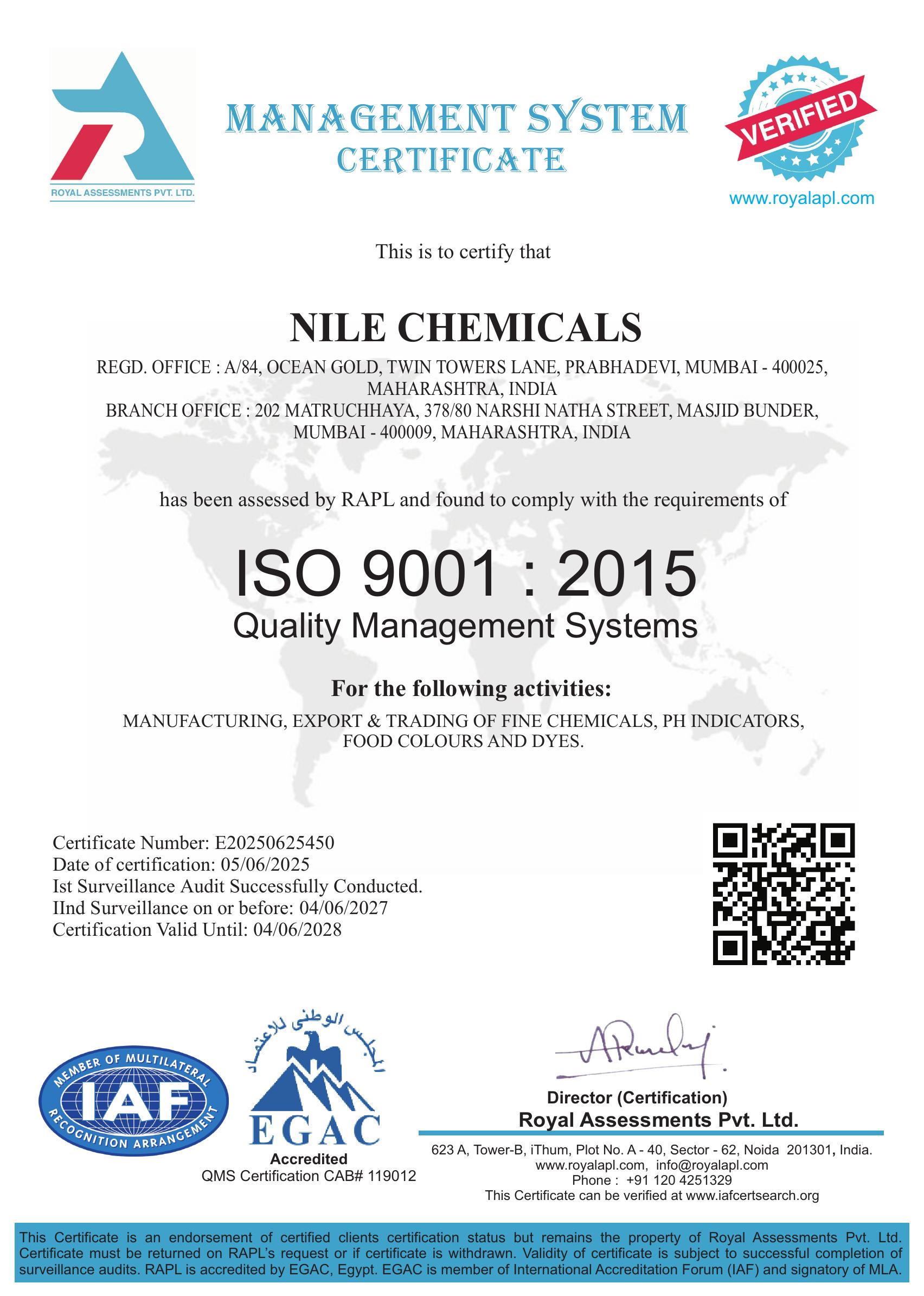 ISO 9001:2015 Certificate - Nile Chemicals